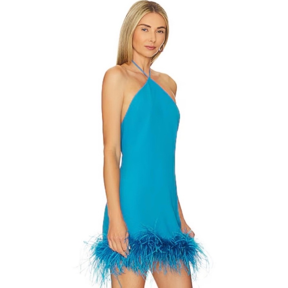 Amanda Uprichard Turquoise Blue Feather-Trim Mini Dress